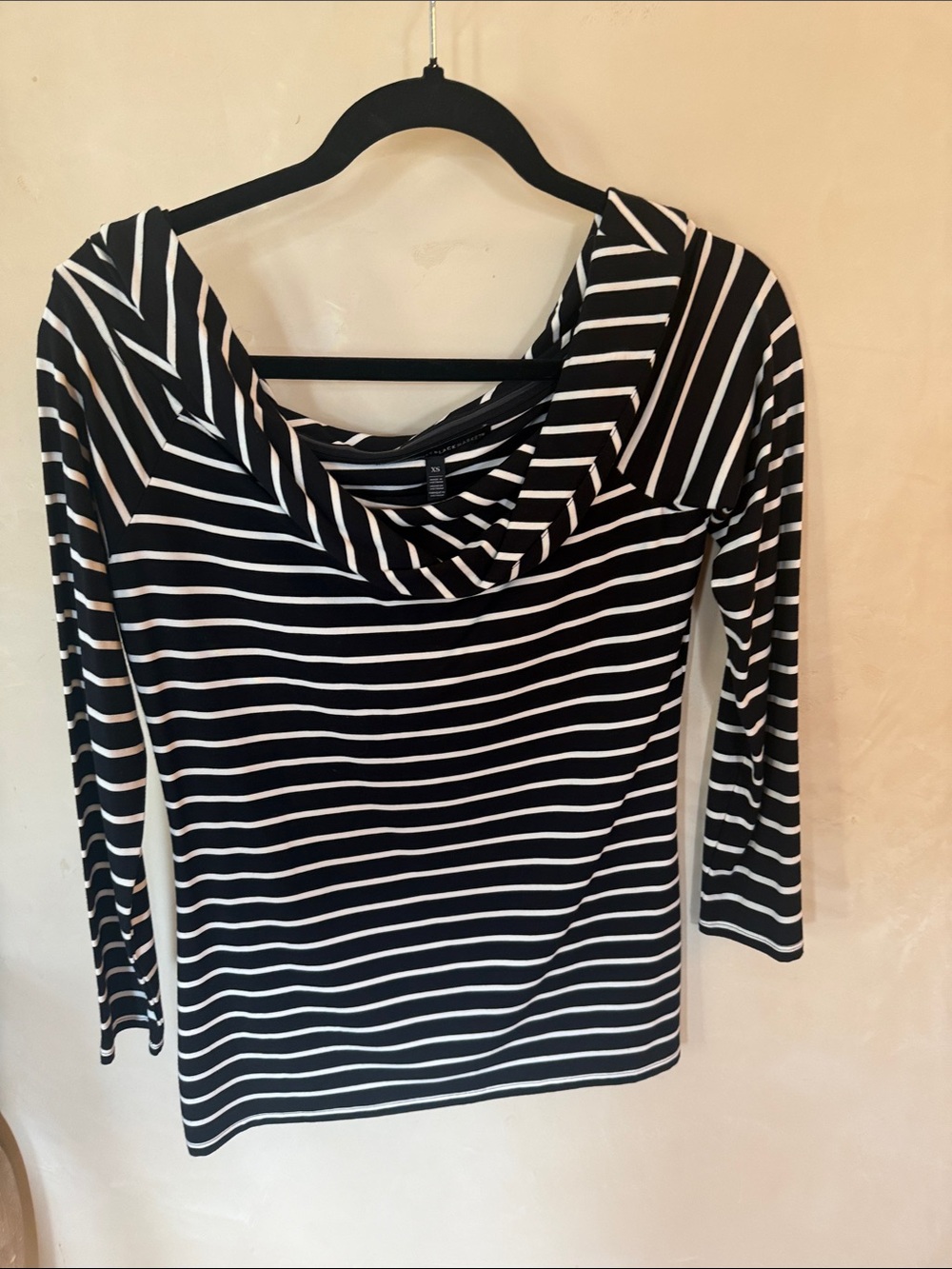 White House Black Market Black & White Striped Draped Neck Long Sleeve Top